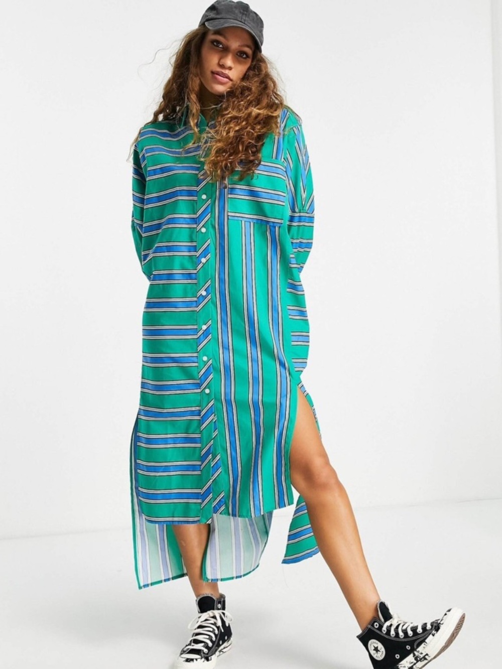 Topshop Green and Blue Vertical Stripe Dress Shirt